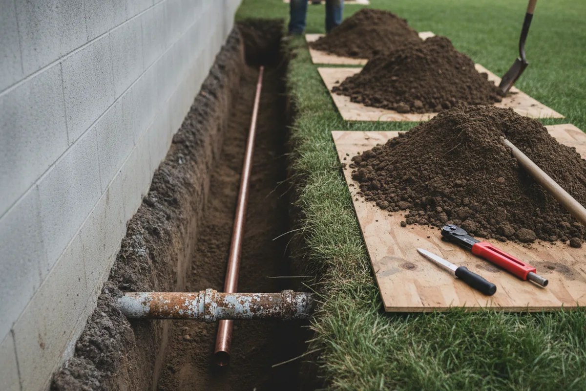 Excavated water line trench during Sewer Line Repair in Slaughter